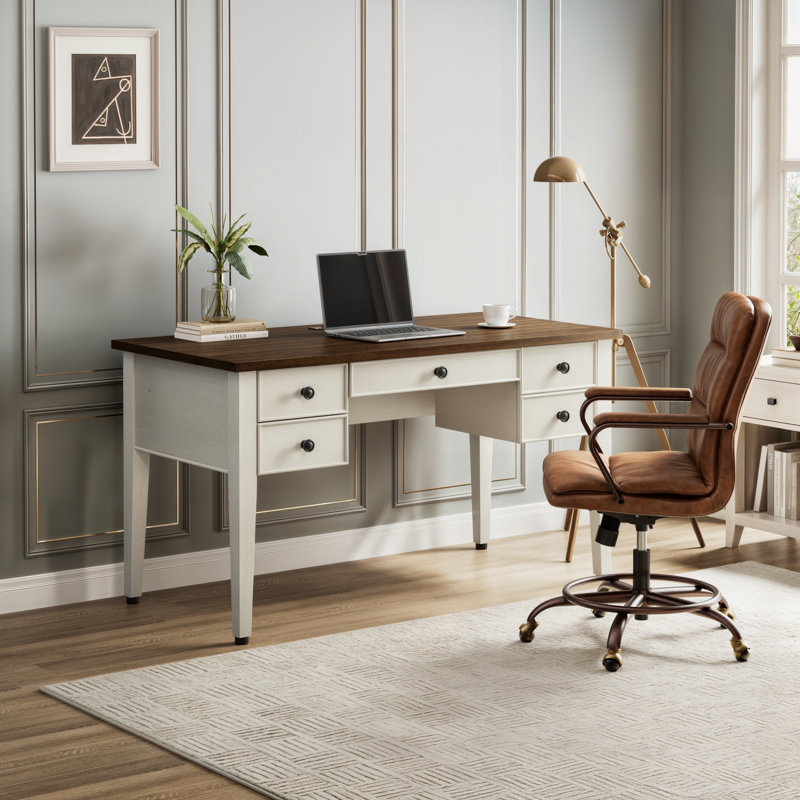 Modern Farmhouse Writing Desk & Vintage Brown Faux Leather Task Chair Set