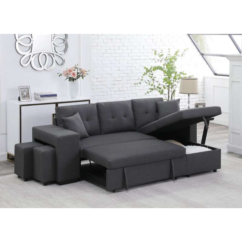 Canapé-lit modulaire réversible en tissu gris foncé 93 po avec méridienne et 2 tabourets Dennis, Lin gris foncé
