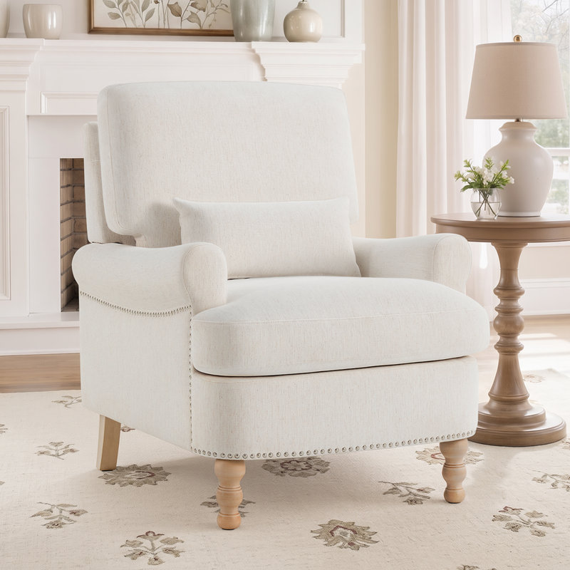Fauteuil rembourré 32 po en bois massif avec coussin lombaire et pieds pour le salon, Mélange de lin beige / bois gris