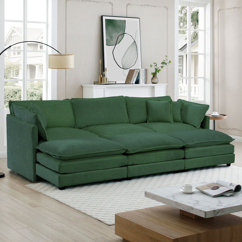 Canapé Chenille Cloud , 3 places avec repose-pieds pour le salon , Chenille verte