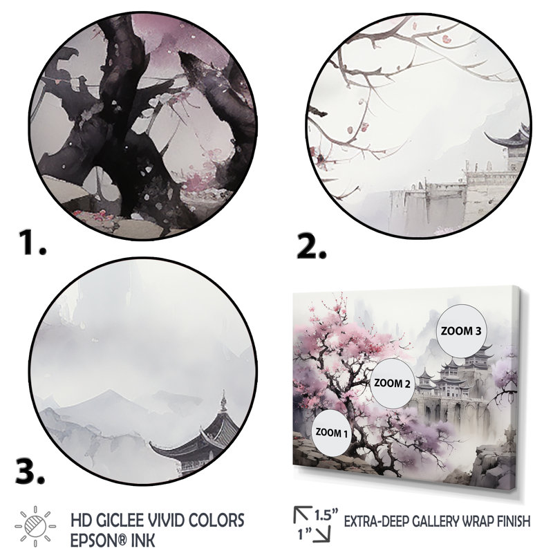 Rose, paysage floral japonais, paysage I - Japon, art mural, Cadre doré à coins fermés, H 30 po x l 40 po x P 1,5 po