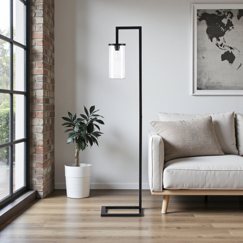 Lampe sur pied à abat-jour en verre de style contemporain en métal noir H 68 po Cedric