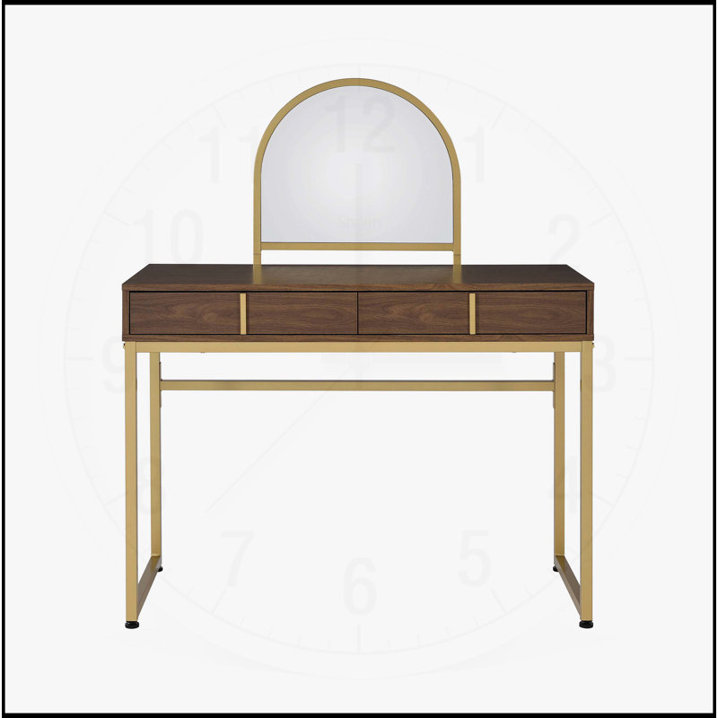 Versatile Vanity Desk with Mirror and Jewelry Tray for Stylish Spaces, Gold/Walnut