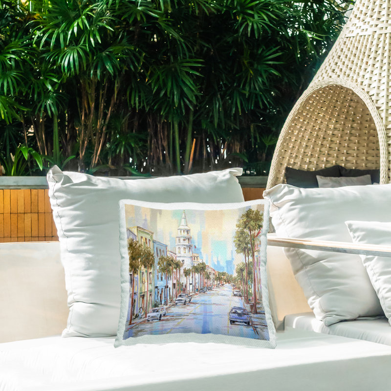 Coussin d'extérieur imprimé Views of Broad Street Charleston, design par Linda Sperruche
