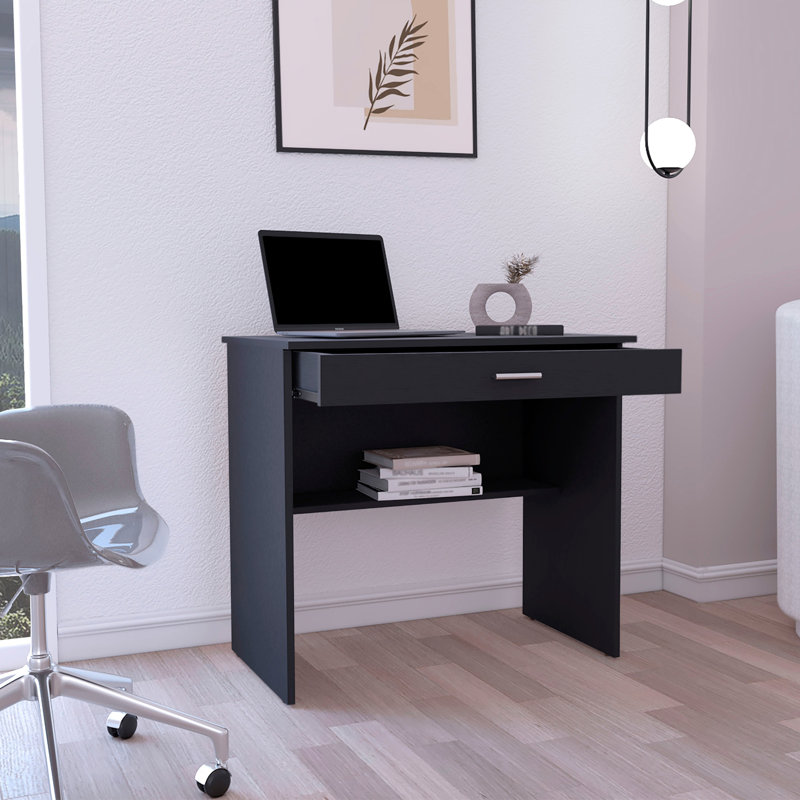 80 C Writting Desk, Compact Workstation with Drawer and Lower Shelf, Black