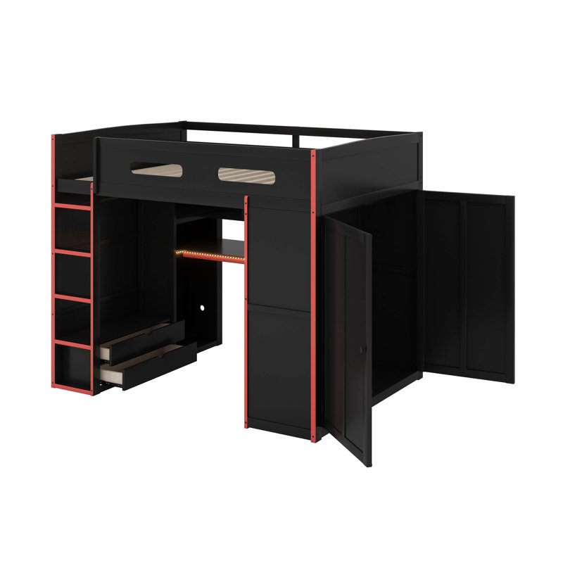 Lit mezzanine double en bois avec bureau, garde-robe, lumière DEL RVB et grand espace de rangement, Noir / Rouge