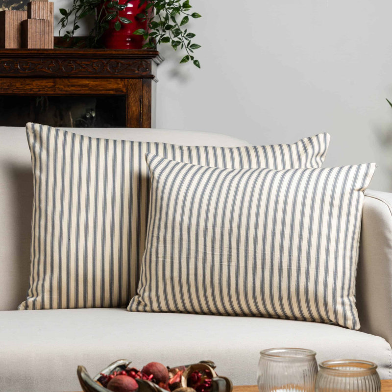 Ivory and Grey Nautical Ticking Cushion, 58x38cm, Feather filled