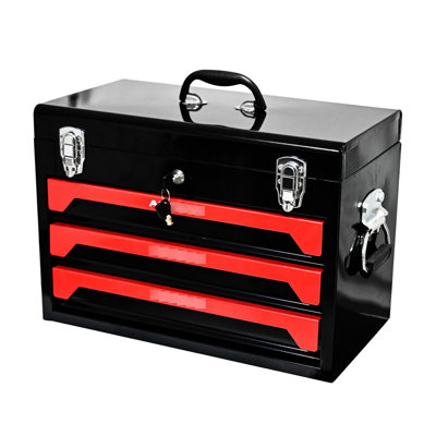 20" Portable Tool Box With 3 Drawers, Steel, Black&Red, Bearing Slide, Metal Latch, Strong And Drawer Steel Box, Secure Storage Solution