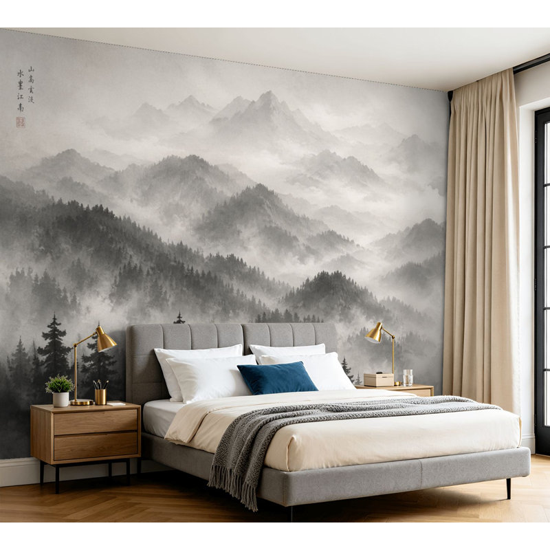 Papier peint adhésif mural noir et blanc paysage de montagne brumeux, forêt de pins, papier autocollant amovible traditionnel chinois, papier peint pour salon H 100 po x l 144 po