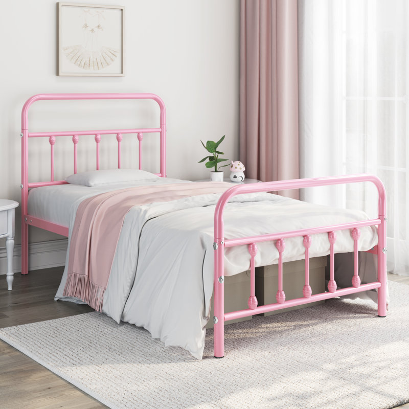 Lit plateforme classique en fer avec tête de lit et pied de lit, Lit simple, Rose