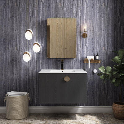 Meuble-lavabo mural en bois massif de 30 po avec tablette de rangement ouverte à gauche