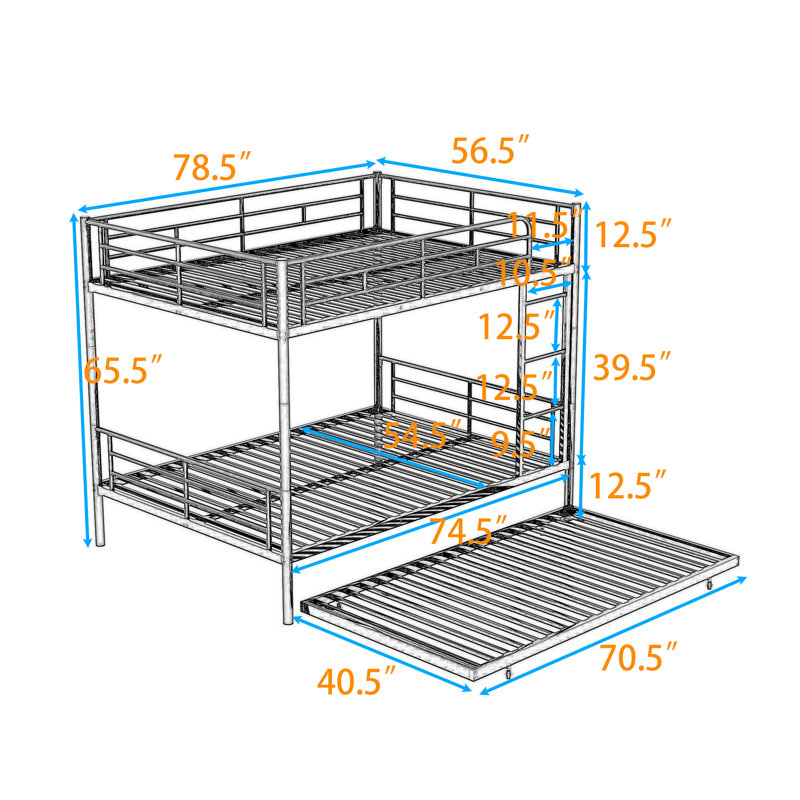 Metal Bunk Bed With Twin Trundle and Ladder, Black, Full over Full