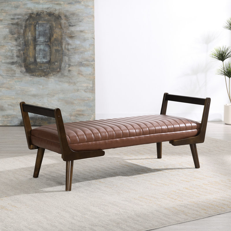 Banc de 52 pouces avec pieds en bois de noyer, style Mid-Century, rembourré en PU pour la conception de bout de lit brun, chambre en tissu doux