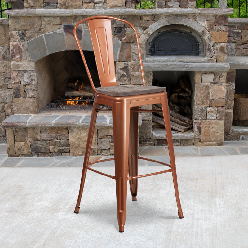 Tabouret de bar ou de comptoir en métal Marian avec dossier et siège en bois Marian, Connecteurs, 1