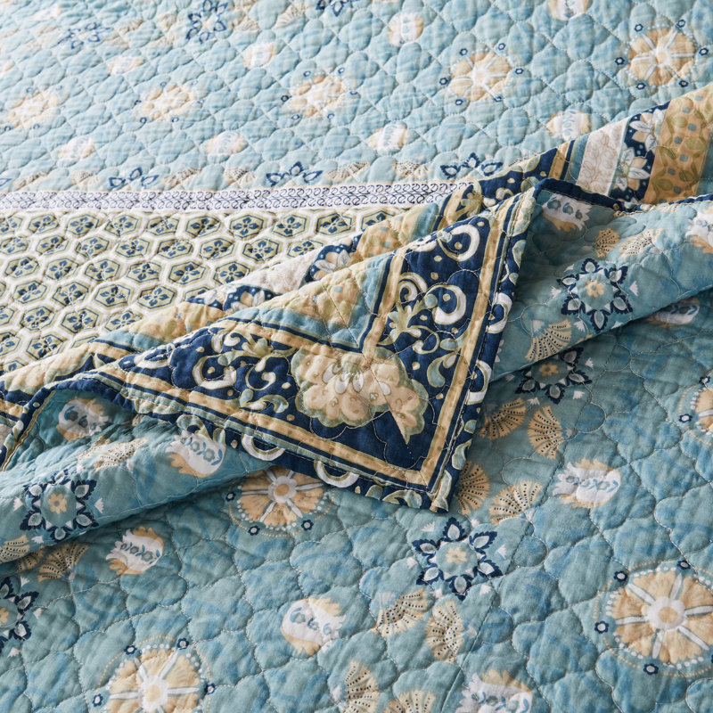 Thalia Blue and Brown Cotton King Reversible Bedspread Set
