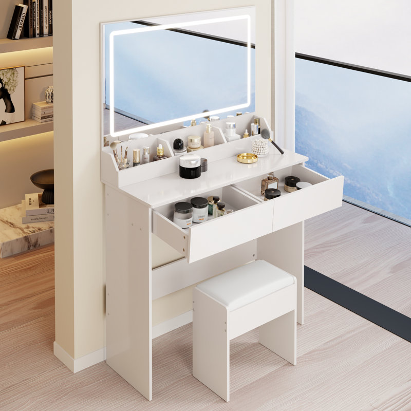 Ensemble de coiffeuse miroir + ensemble de tabourets à coussin souple, interrupteur tactile, 3 couleurs, luminosité réglable, rangement de grande capacité, coiffeuse compacte convenant aux petits espaces