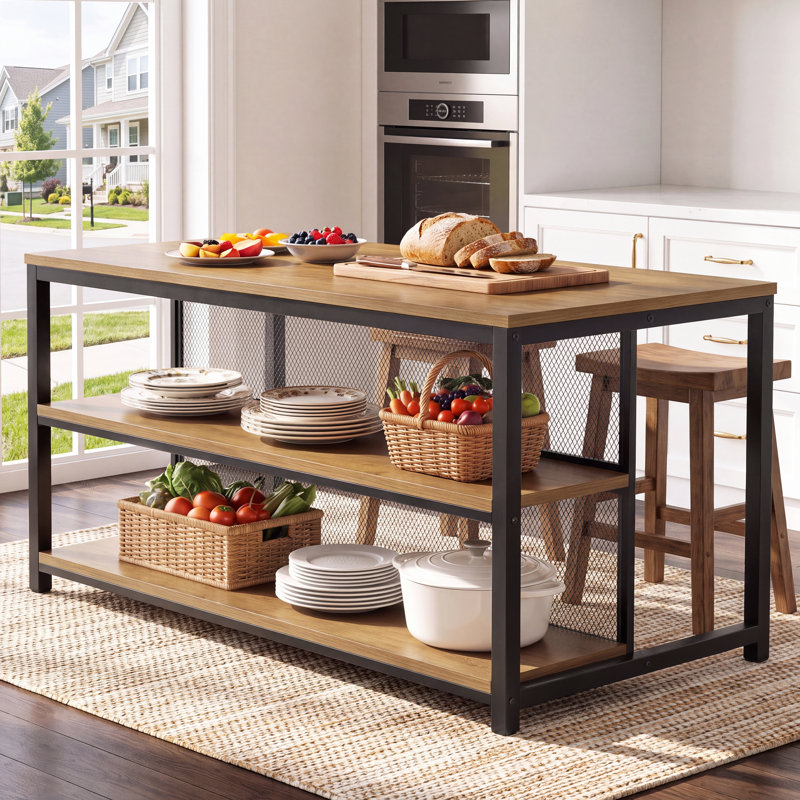 Îlot de cuisine 63 po avec 3 tablettes de rangement ouvertes, table de préparation à hauteur de comptoir avec cadre en métal pour salle à manger