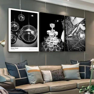 3PCS Black White Fashion Canvas Wall Art Luxury Female Picture Wall Decor Champagne Disco Ball High Heels Poster Print Feminist Aesthetic Pictuer Painting For Living Room Bedroom Bathroom Decor 12*16In(Stretched Canvas On A Wooden Frame)