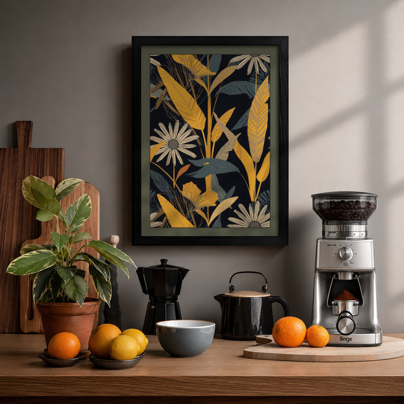 Navy Pattern Botanical - Print, Black, A4 - 29.7 x 21.0 cm