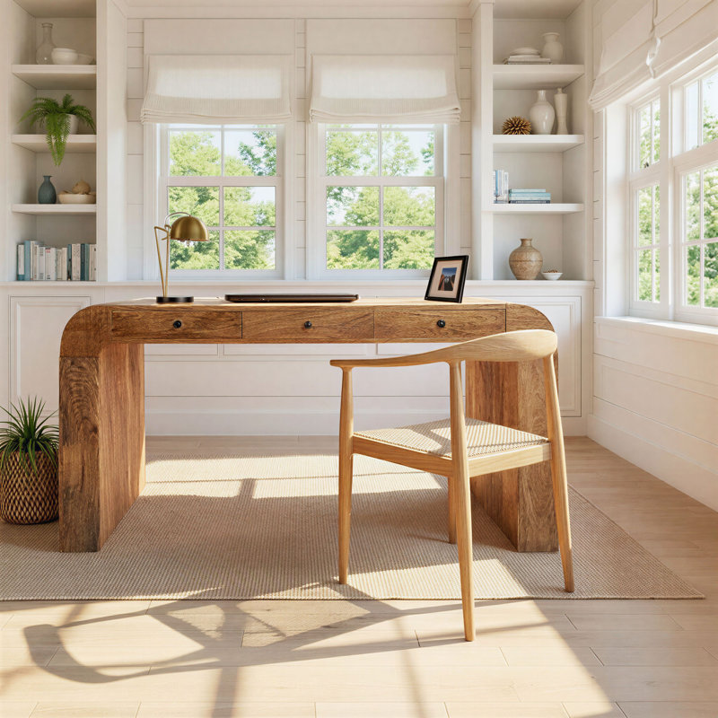 Mango Wood Waterfall Desk with 3 Drawers, Natural
