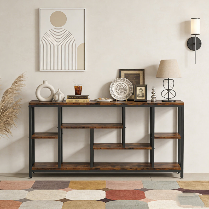 Entryway Sofa Table with Storage Shelves, Rustic Brown & Black