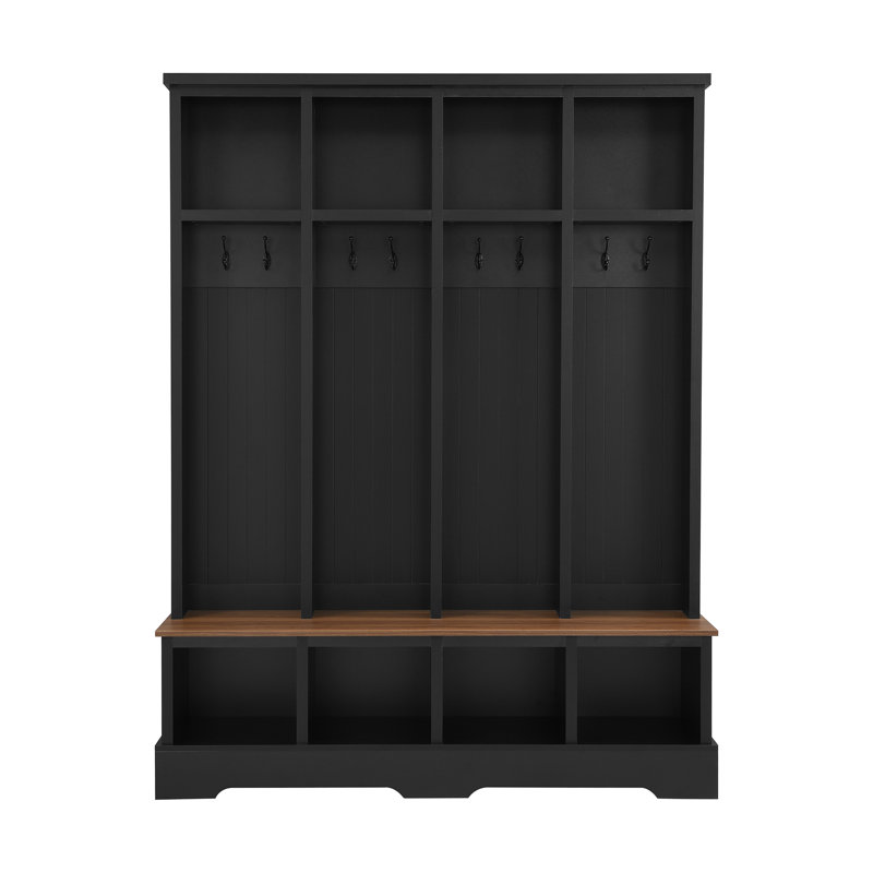 All-in-One Farmhouse Hall Tree with Adjustable Shelves & Arched Design – 3 Cabinets & 4 Golden Hooks, Walnut