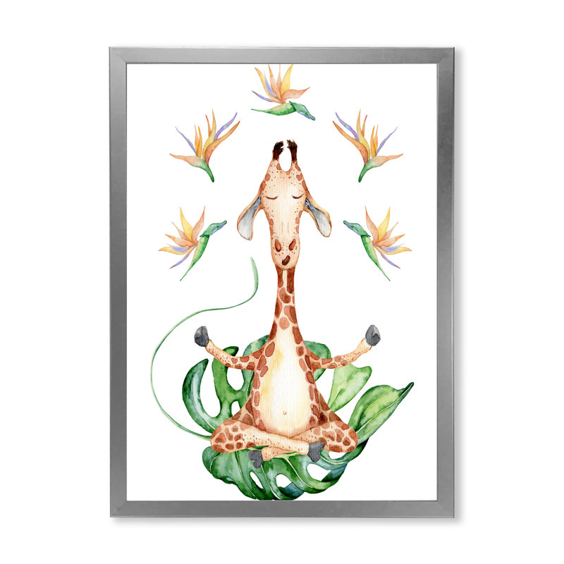Dessin de girafe avec fleurs tropicales V - peinture sur toile, H 44 po x l 34 po, Cadre de coin argenté fermé