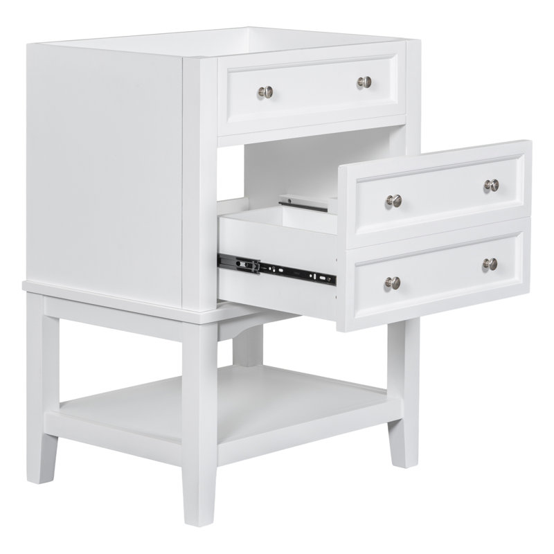Meuble-lavabo 24 po sans lavabo, base seulement, structure en bois, armoire de rangement avec tiroir et tablette ouverte, blanc