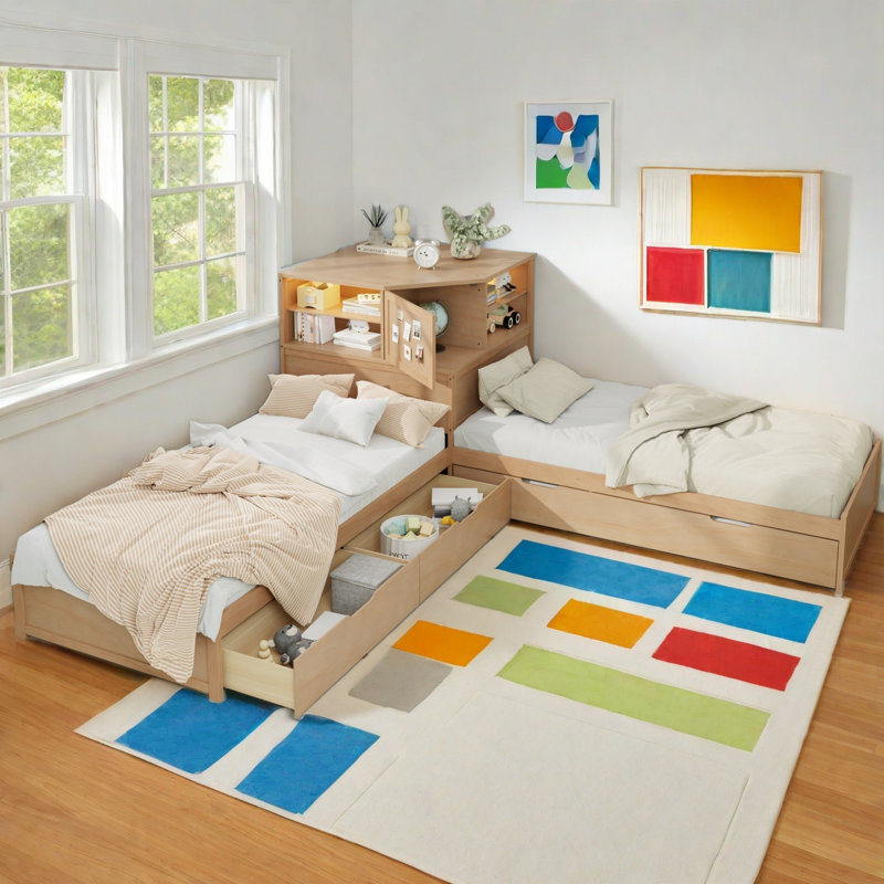 L-Shaped Daybed With Trundle And Drawers, Natural