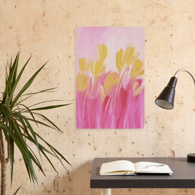 Rose et tulipes jaunes abstraites, tulipes modernes, fleurs printanières, art mural