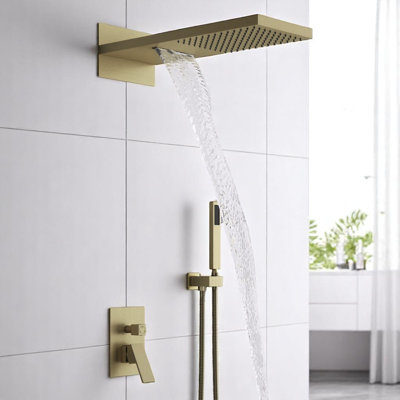High-End Modern Luxury 3-Function Shower Faucet Set, Complete Shower System with 22" x 9" Waterfall & Rainfall Shower Head, Handheld Shower and Pressure Balancing Valve