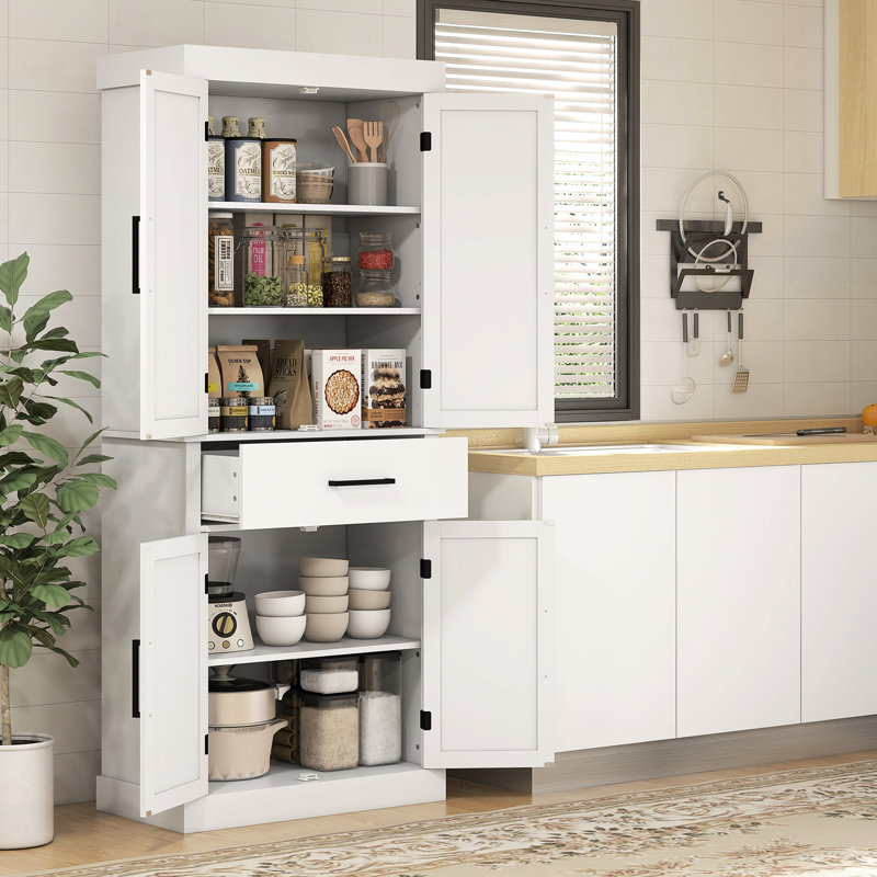 Armoire de cuisine de 72 po de hauteur avec 4 portes de grange, tiroir, 5 tablettes et tablettes réglables, blanc - unité de rangement moderne, aspect tablettes