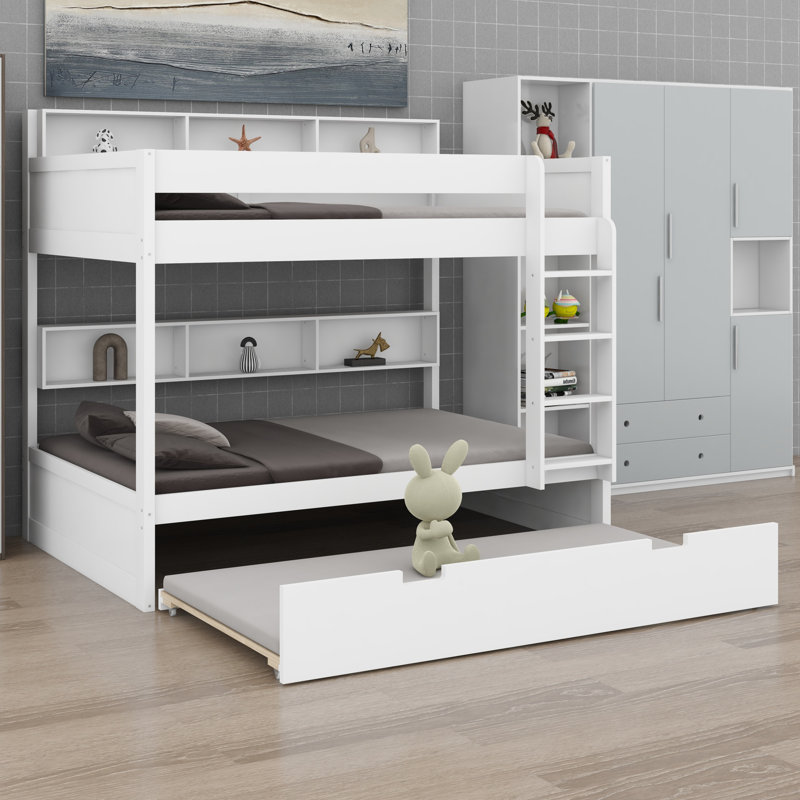 Lit superposé avec lit gigogne caché, parfait pour les chambres d'amis, Simple sur simple, Blanc
