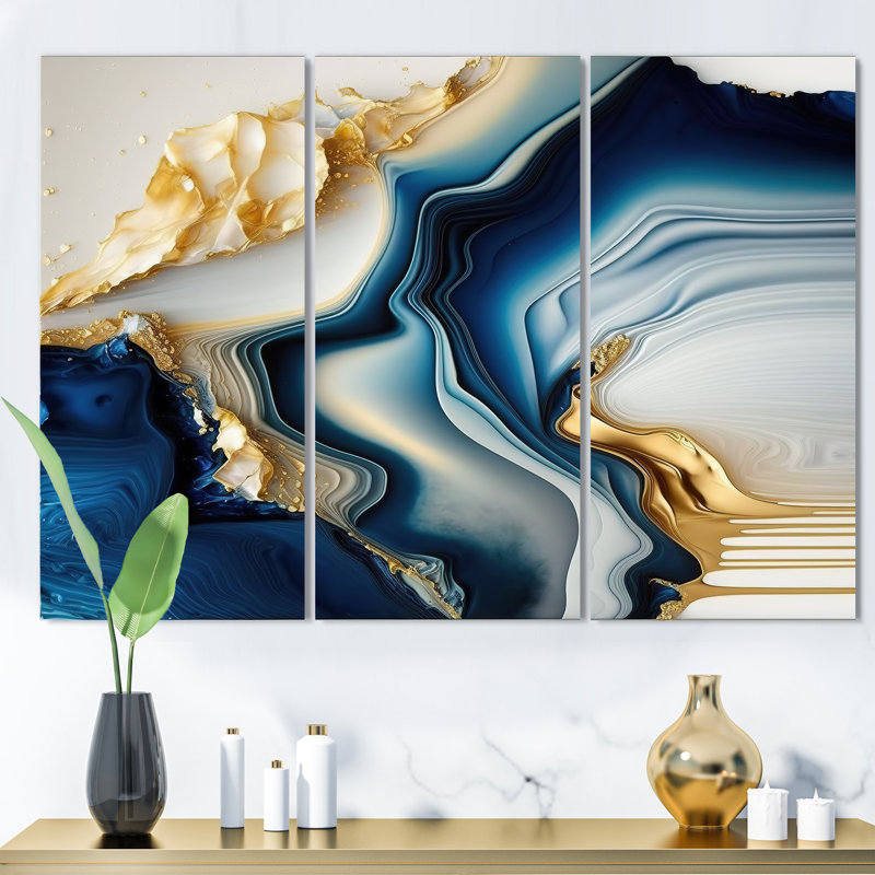 «Abstract Geode Gold and Blue Marble II», reproduction sur toile 3 pièces, H 28 po x l 36 po x P 1 po, Toile tendue