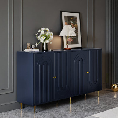 60" Modern Glam Sideboard Buffet in Matte Black Lacquer Finish, 4-Door Cabinet with Gold Hardware & Legs, Console with Adjustable Shelves, Hollywood Regency Accent for Living Room Dining Room