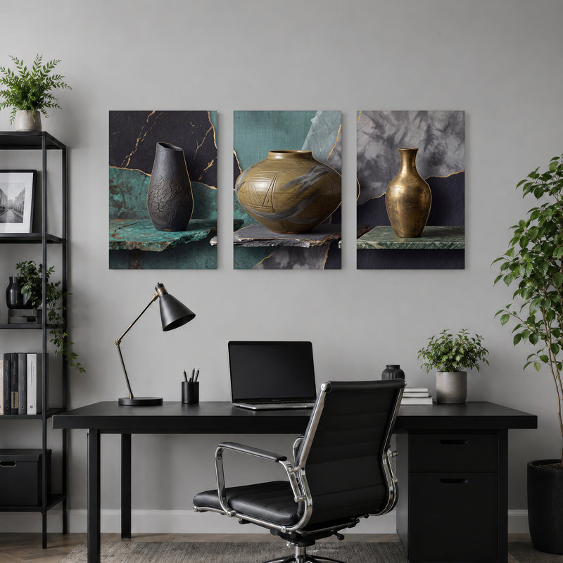 Ensemble de 3 vases en céramique noirs et dorés sur des tablettes en pierre, H 18 po x l 12 po x 3 pièces