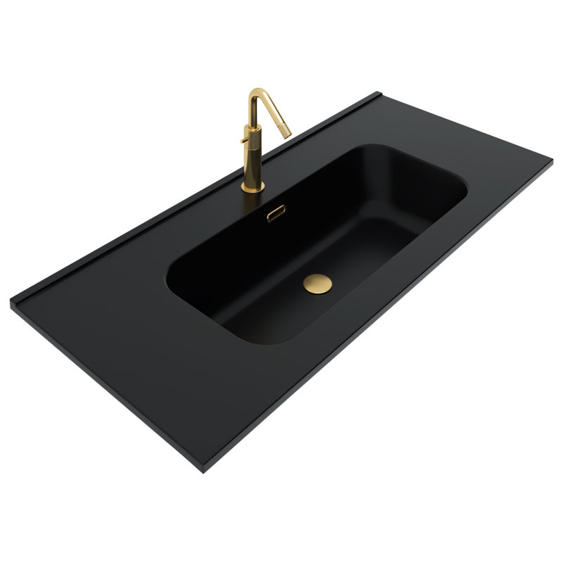 Kora Geo 24" Fluted Wall-Mounted Single Bathroom Vanity with Integrated Ceramic Top & Handles, Gold, 40"