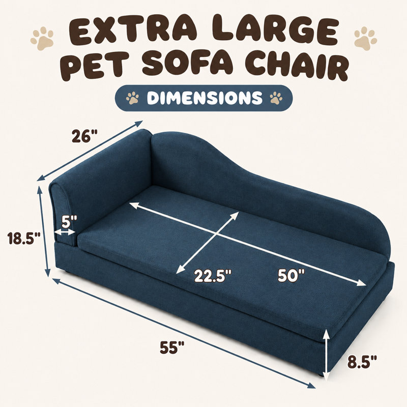 Grand lit pour chien 55 po, dossier ondulé, canapé en lin, Bleu très foncé