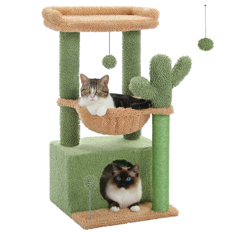 Green and Beige Multi-Level Cat Tower with Hammock and Condo
