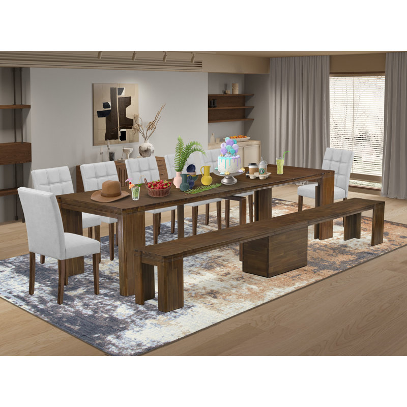 L'ensemble de table de cuisine 9 pièces Mid-Century comprend une table de cuisine rectangulaire extensible, 7 chaises de salle à manger en polyester et 1 banc moderne, noyer antique