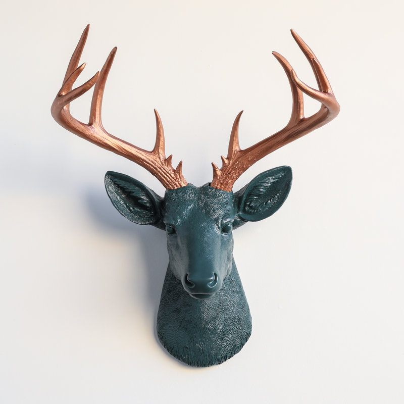 Grande décoration murale fausse tête de cerf naturalisée, Forêt / cuivre antique