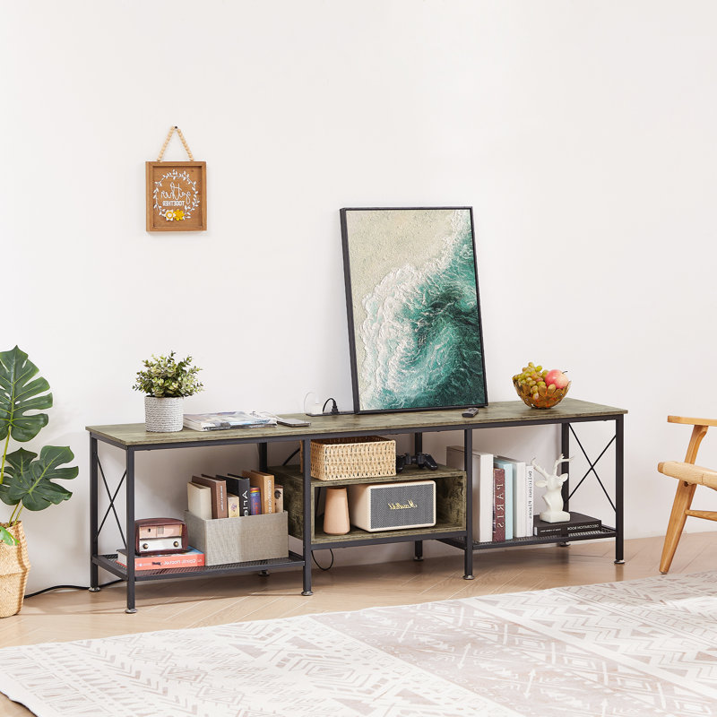 Pridgen TV Stand for 75 Inch TV with Power Outlets, Rustic Gray Entertainment Center with Open Storage Shelves for TVs up to 75 Inch, Industrial Media Console Table with Charging Station for Living Room, Bedroom, Apartment