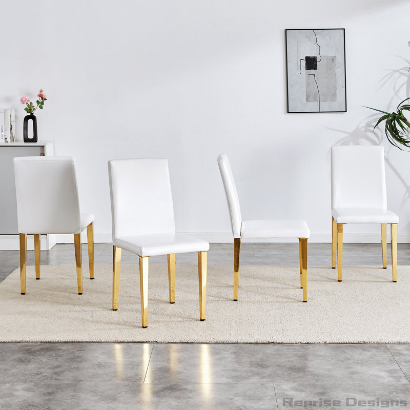 Ensemble de 4 chaises à dossier en similicuir avec pieds en métal doré, Blanc