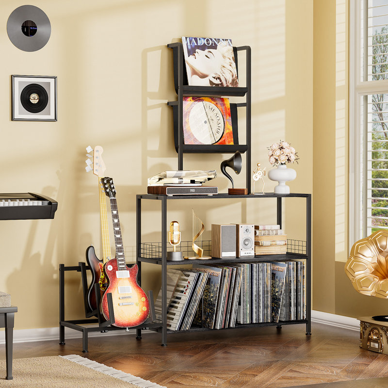 Vinyl Record Player Stand With Guitar Stand, Record Player Table With Rgb Led Light, Record Player Cabinet With Vinyl Storage Holds Up To 300+ Albums, Vinyl Player Stand For Home Use