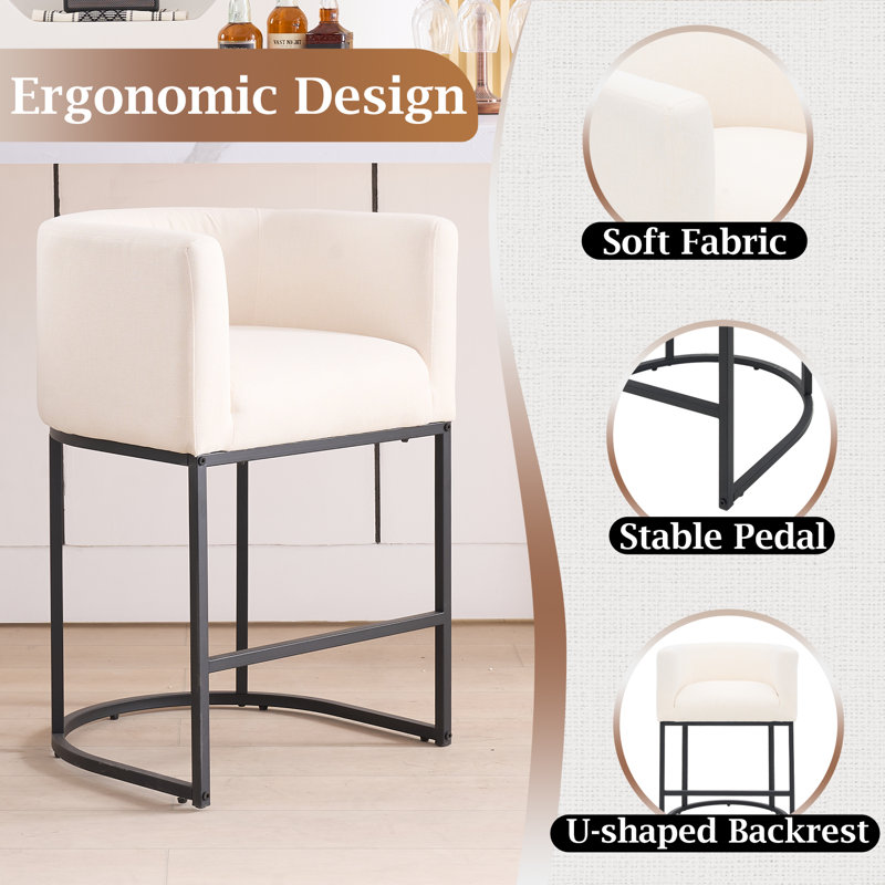 26 in Counter Height Bar Stools Set of 4, Upholstered Barrel Counter Stools with Metal Frame for Kitchen Island, Beige, Black