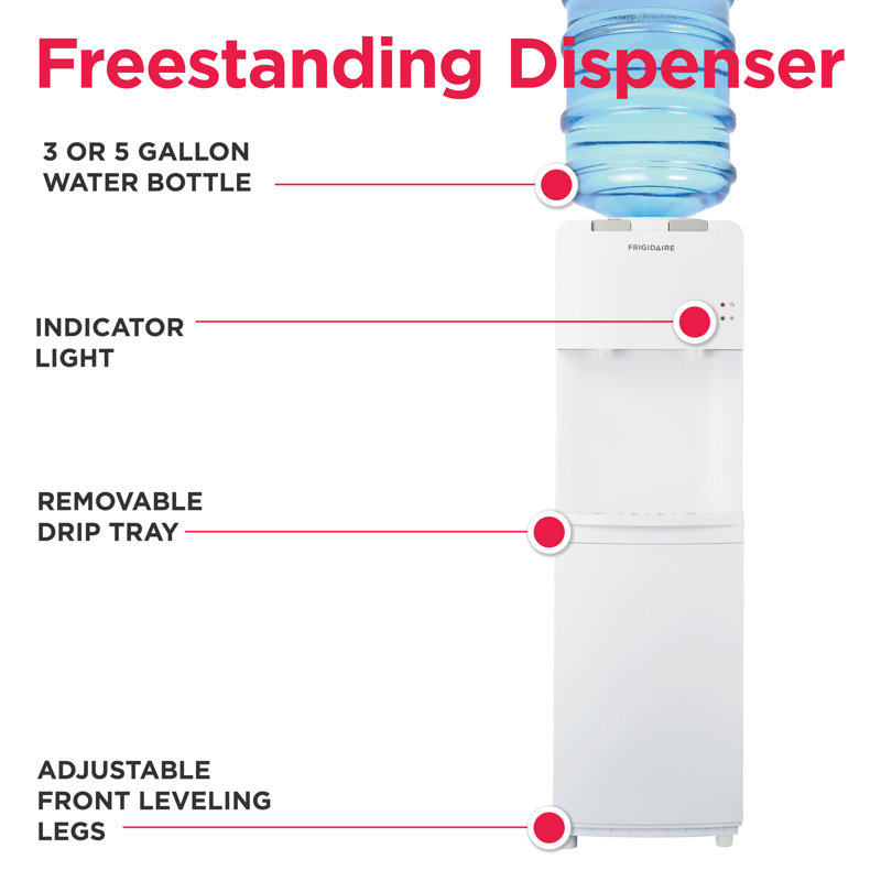 Frigidaire Hot & Cold Water Cooler Dispenser, Top Load Water Cooler for 3 and 5 Gallon Bottles, White, White