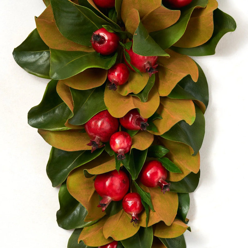 Real Touch Magnolia Leaf & Red Pomegranate Hanging Front Door Christmas Swag Holiday Wall Decor