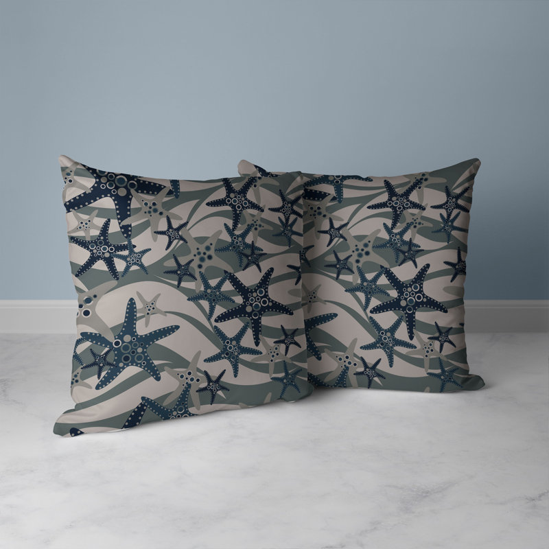 Coussin décoratif intérieur / extérieur Starfish Sway, H 16 po x l 16 po, Bleu / Argent