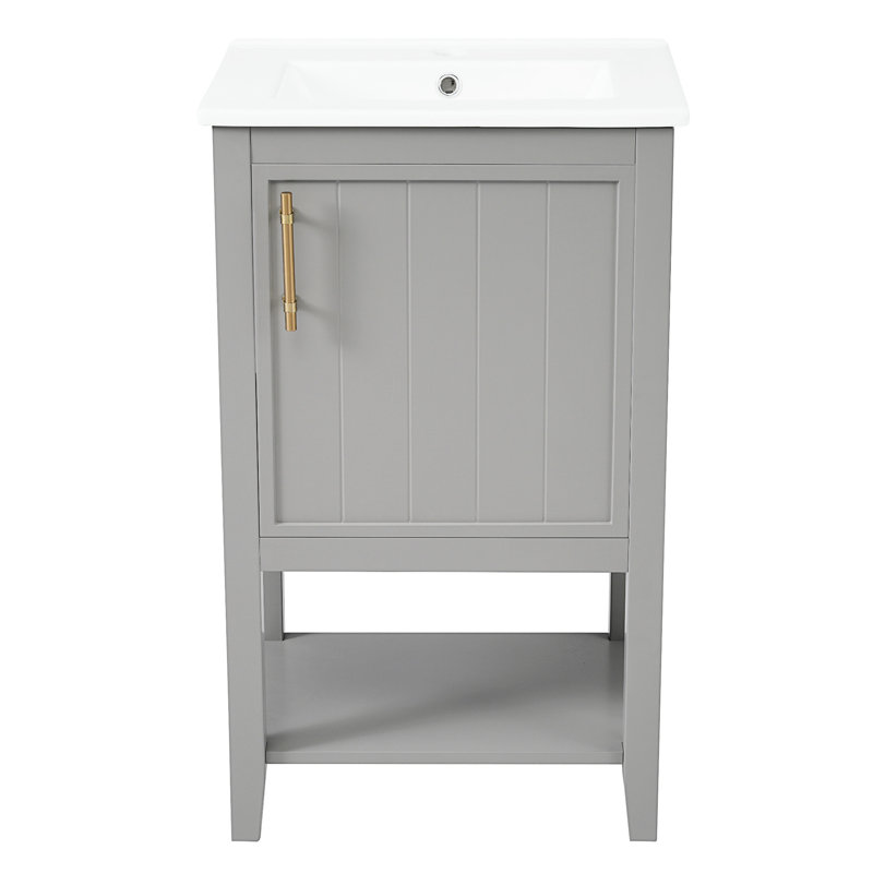 Meuble-lavabo de 20 po avec lavabo sous-comptoir à un trou, couleur grise, finition peinte, porte à fermeture douce, support de rangement sur la tablette inférieure ouverte, charnières en acier inoxydable, armoire encastrée en céramique à assembler