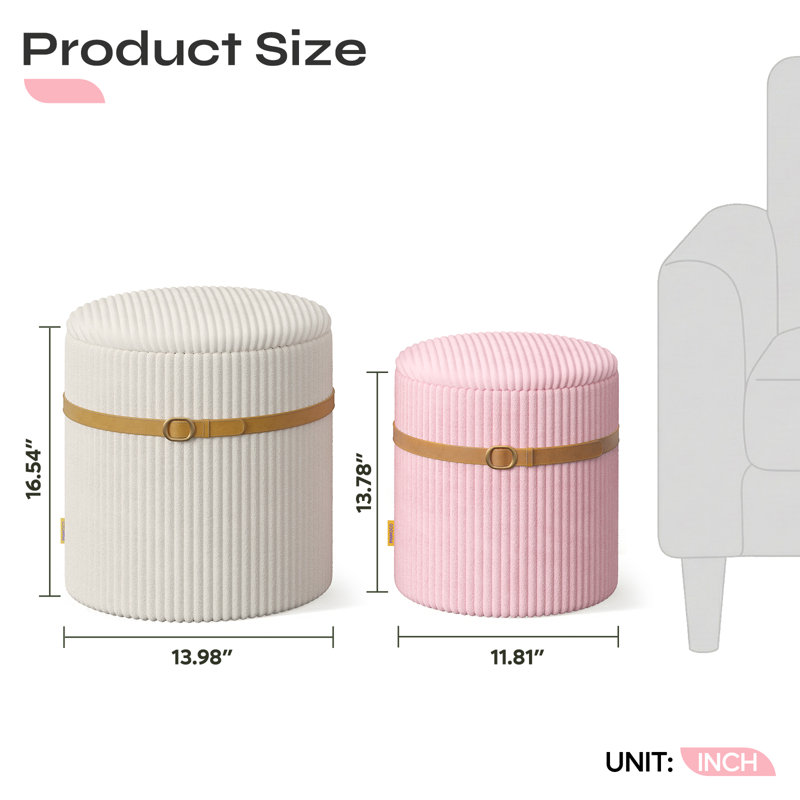 Round Ottoman Set Of 2, Velvet Footstool With Lift Top Lid And Hidden Storage For Living Room And Bedroom, White/Pink